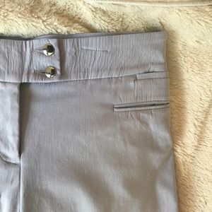 Grey professional work pants, elastic waist, gold.